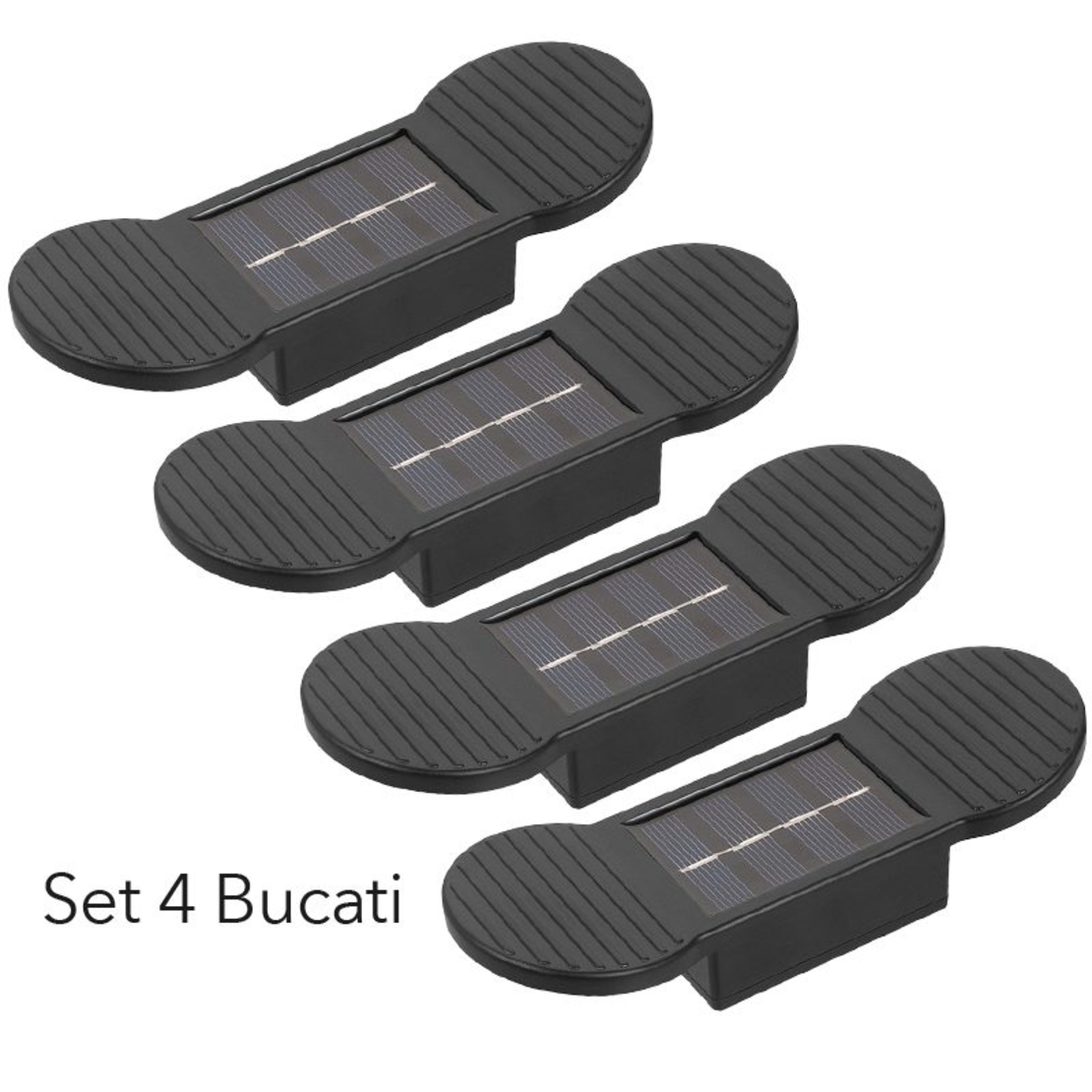 Aplica solara LED, Flippy, Set 4 Bucati, ABS/Policarbonat, rezistenta la apa IP65, 2 LED-uri SMD, pentru perete, scari, 1.2V, 600mah, 16 x 5.9 x 3.3 cm, Lumina Alb calda, Negru