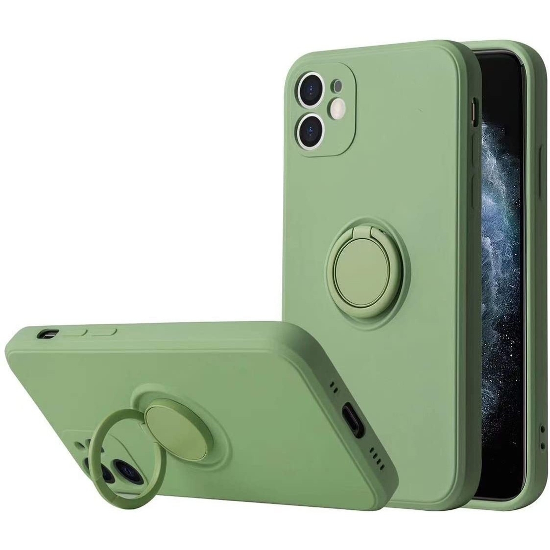 Husa protectie Vafy compatibila cu Apple iPhone 12 Liquid Silicone Ring cu suport rotativ Verde