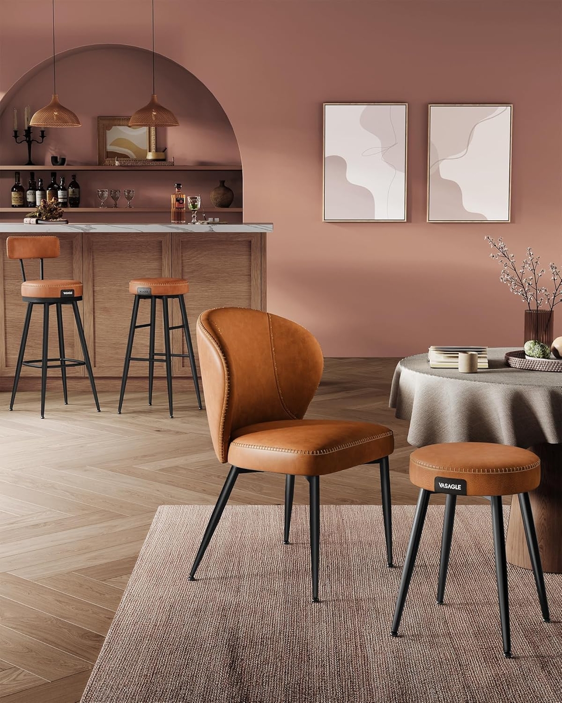 VASAGLE Set 2 scaune bar Ekho, tapitate PU, inaltime sezut 76 cm, 52x76 cm, maro caramel