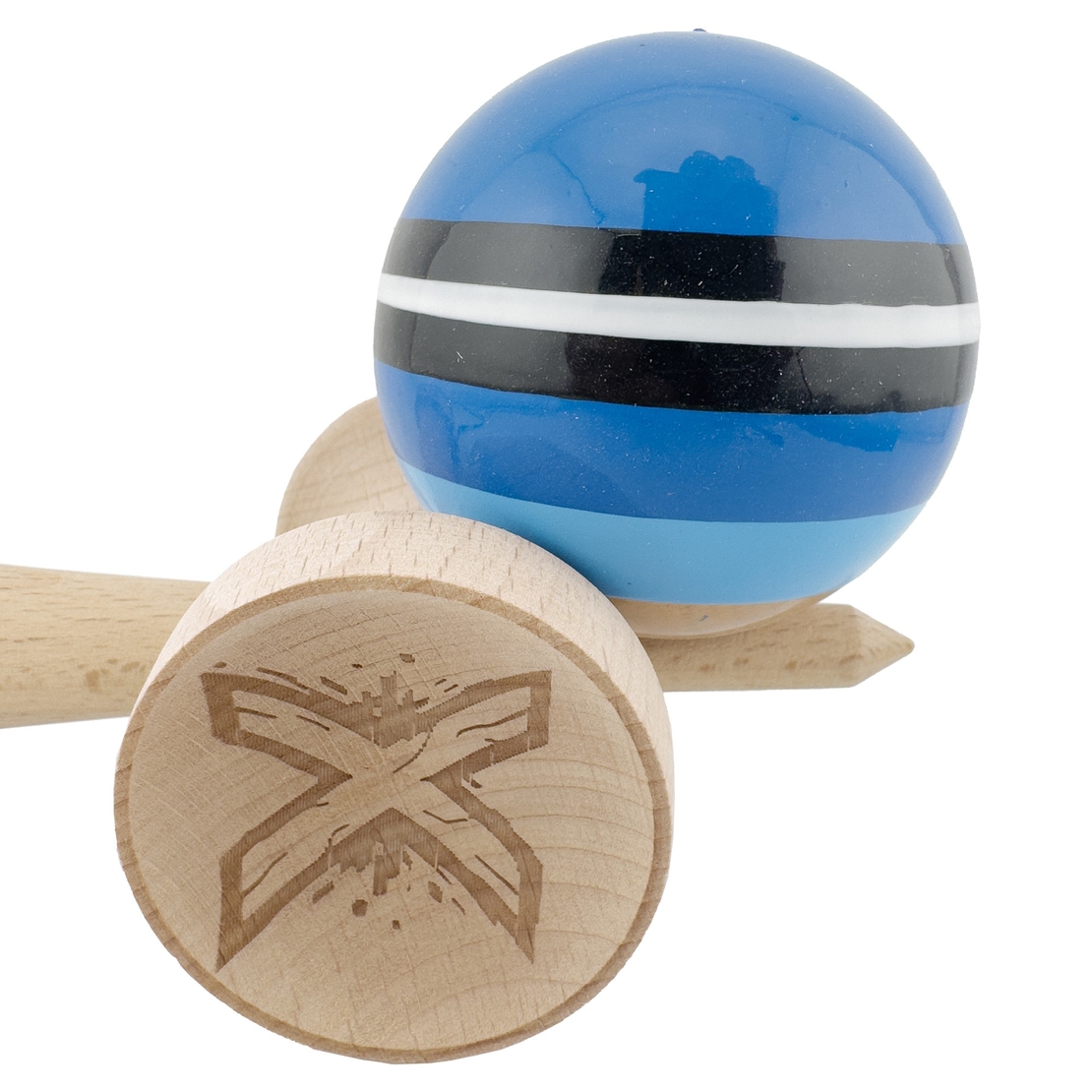 Kendama X Originala, Profesionala, Flippy, SATURN Blue Planet, Super Sticky cu Cupe Mari KING SIZE V3, Gaura in Baza, Rulment Metalic, din lemn 18 cm, Ata 62/65 cm, Albastru