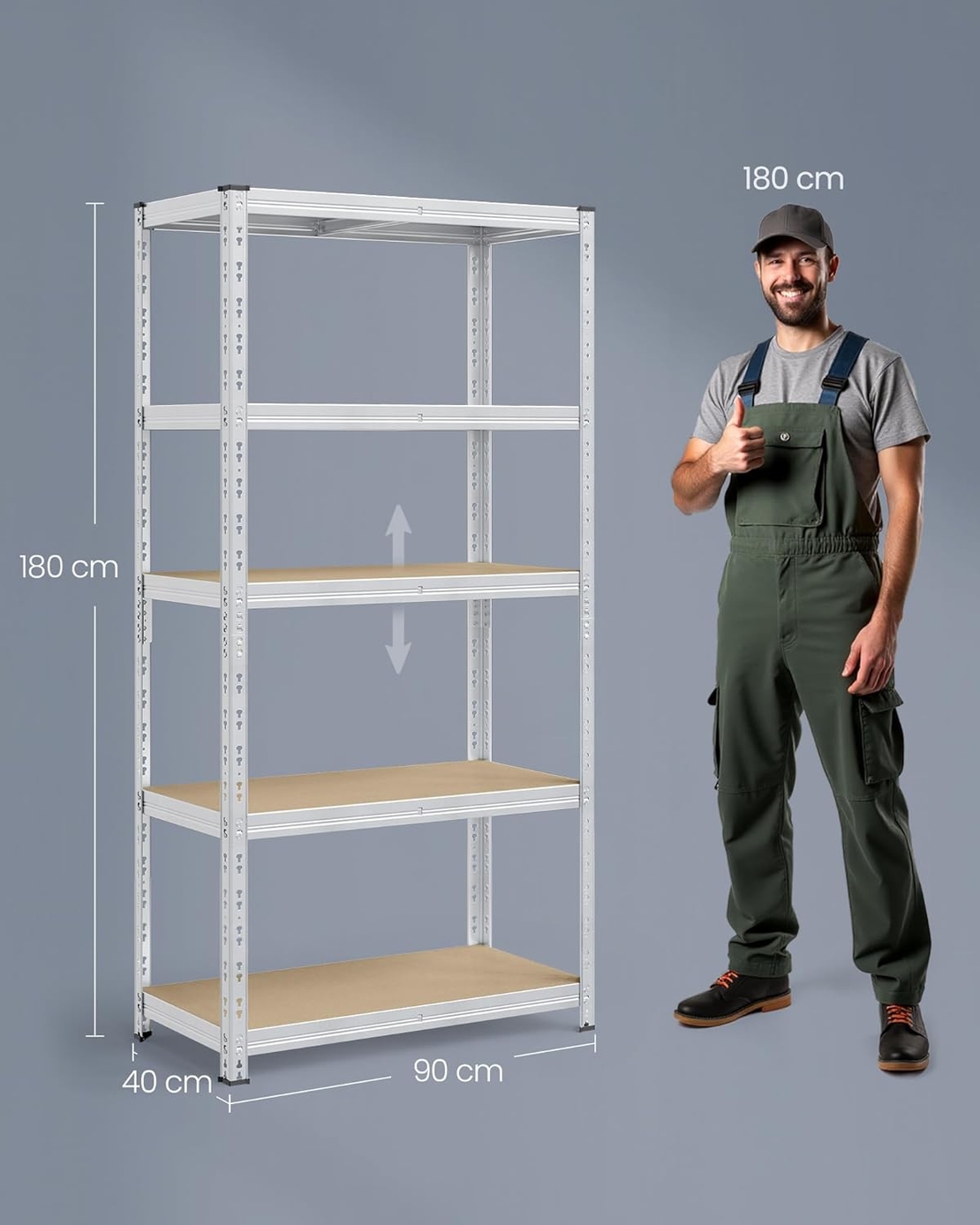 SONGMICS Set 2 rafturi metalice depozitare, 5 niveluri, reglabile, polite MDF, 875 kg, 40x90x180 cm, argintiu