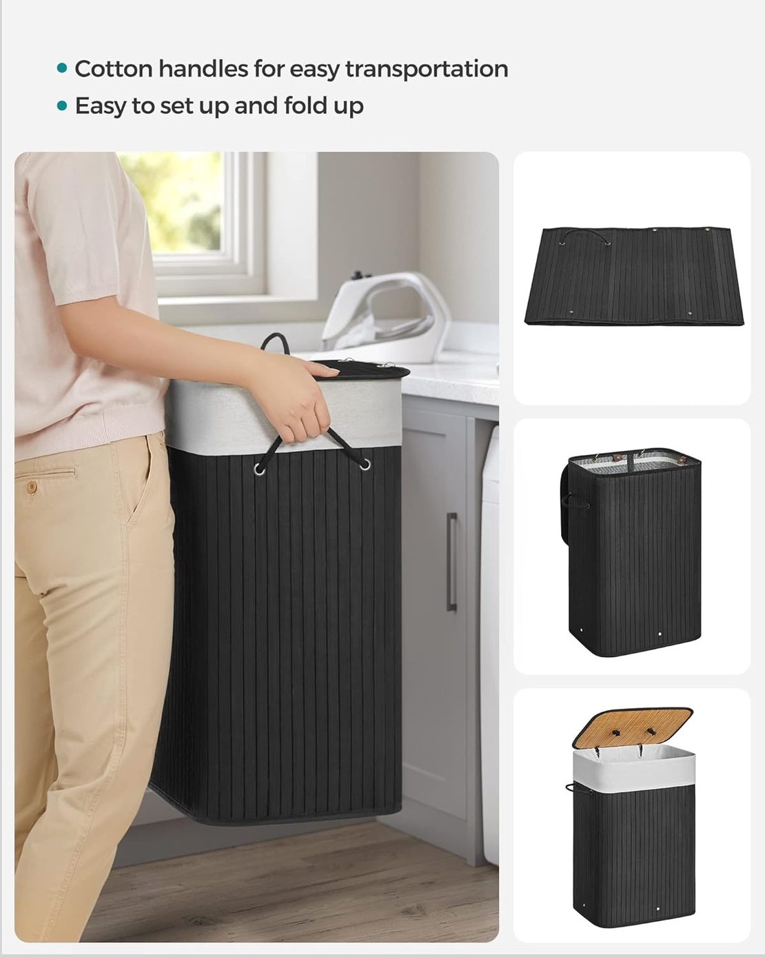 SONGMICS Cos de rufe din bambus, pliabil, cu captuseala detasabila lavabila, 72L, 40x30x60cm, negru