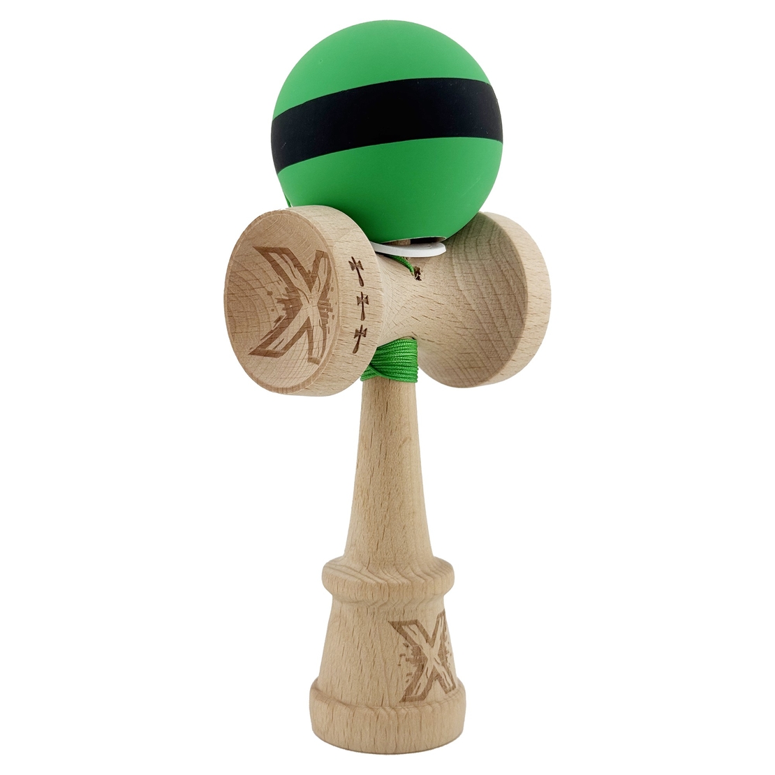 Kendama X Originala, Profesionala, Flippy, Cupe Mari KING SIZE V3, Rubber Grip, Gaura in Baza, Rulment Metalic, din lemn 18 cm, Ata 62/65 cm, M Bicolor Verde Dublu/Negru
