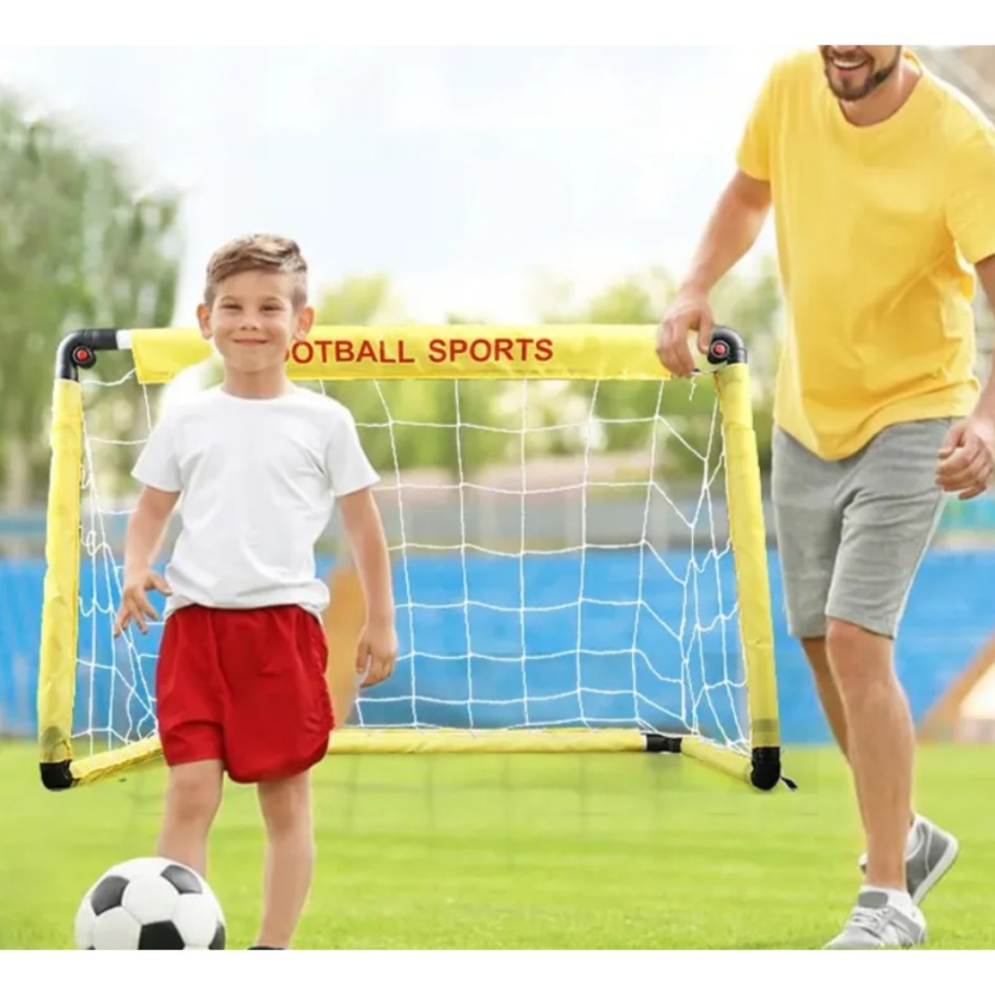 Set Poarta de Fotbal pentru Copii, Flippy, 60x90 cm, Minge, Cartonase, Pompa, Fluier, Interactiv, Distractiv, Galben