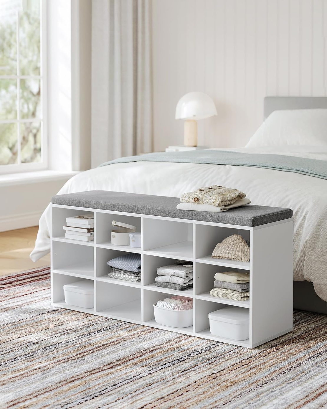 VASAGLE Pantofar cu banca cu 12 compartimente si perna, sarcina 136 kg, 104x30x48 cm, alb
