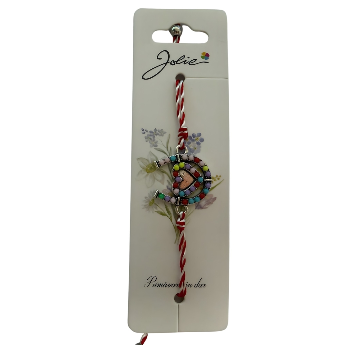Martisor Bratara cu Snur Alb Rosu Reglabil, Jolie, Model Potcoava Multicolora cu Inimioara, Jolie