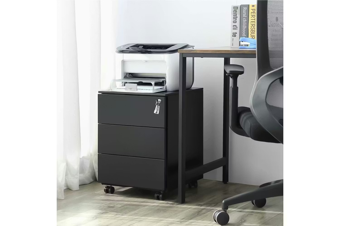 SONGMICS Dulap mobil rollbox pentru birouri, 3 sertare pentru documente, corp pre-asamblat, 45x39x54 cm, negru