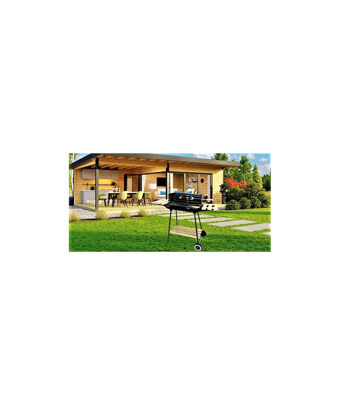 Gratar metalic pe carbuni, tava cromata, cu spita pentru rotisor, 104x88x45cm