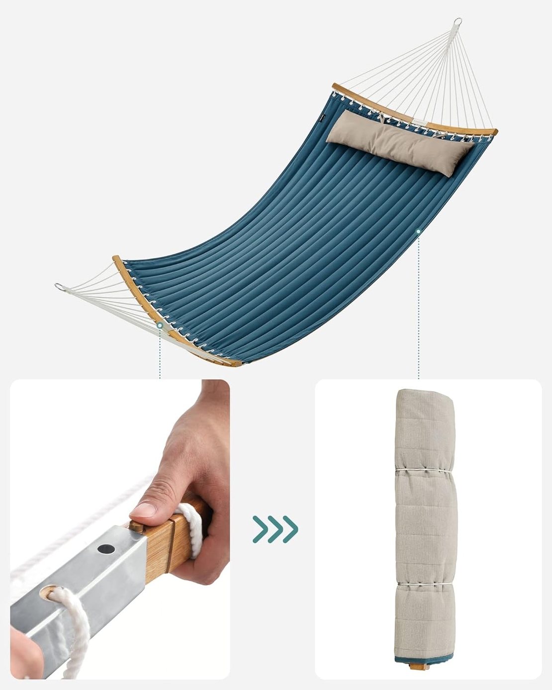 SONGMICS Hamac dublu cu bare curbate din bambus, perna inclusa, maxim 225 kg, 200x140 cm, albastru