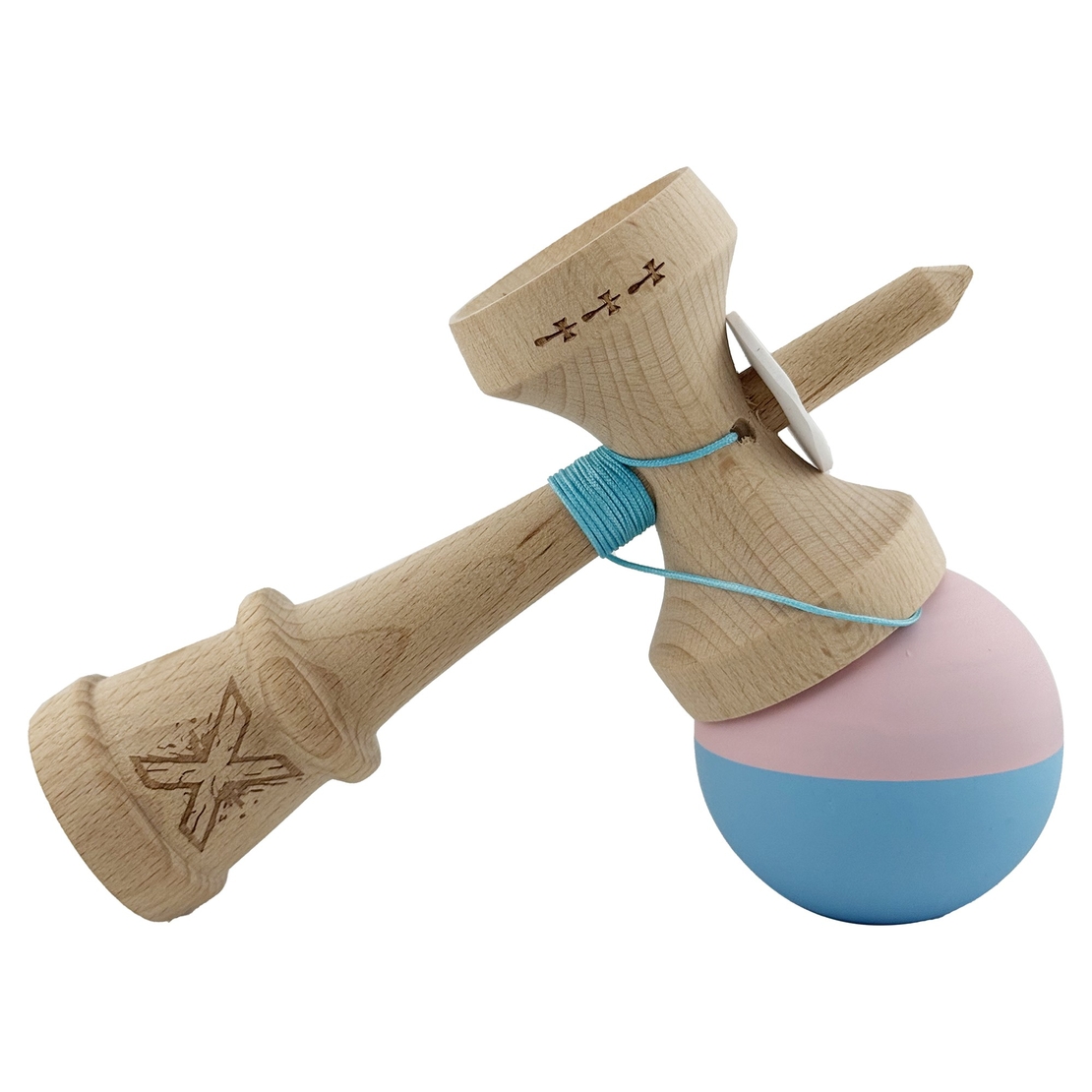 Kendama X Originala, Profesionala, Flippy, Rubber Grip, Cupe Mari KING SIZE V3, Gaura in Baza, Rulment Metalic, din lemn 18 cm, Ata 62/65 cm, Bicolor Roz/Bleu