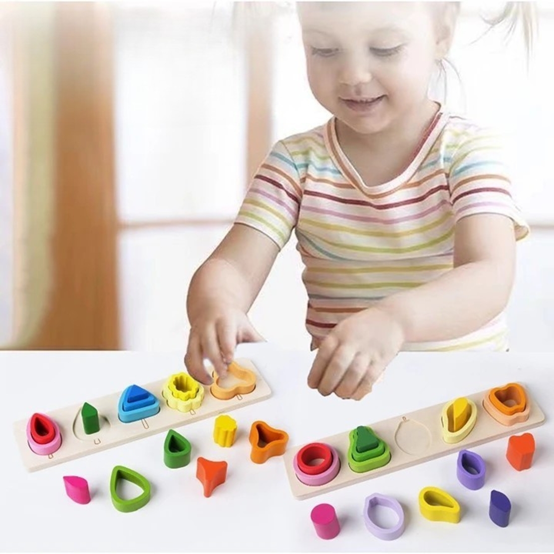 Jucarie Montessori din Lemn, Flippy, Tip Puzzle, cu 5 Forme Asimetrice, 15 Piese, Educativa, Interactiva, Creativa, Model Copaci, Materiale Non Toxice, +2 Ani, 29x6.5 cm, Multicolor