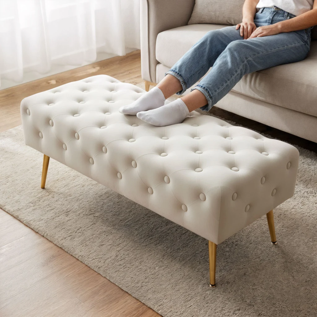 Taburet Monaco, tapitat cu catifea, tip banca, cu picioare metalice, 100x42x41 cm, bej