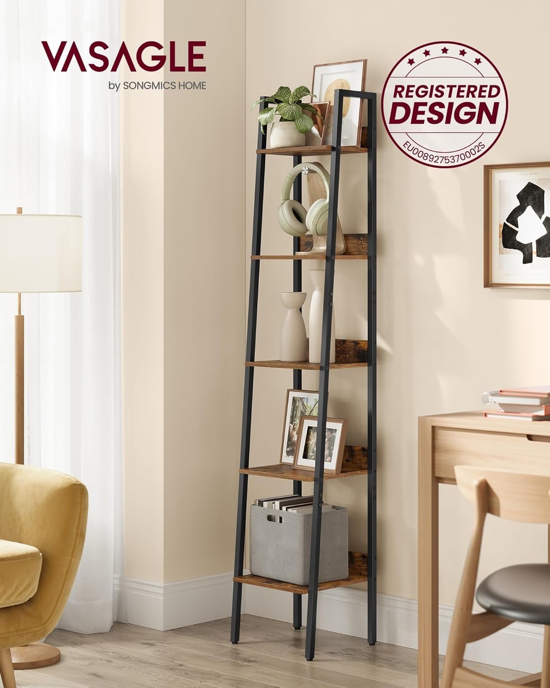 VASAGLE Biblioteca tip scara cu 5 rafturi, design industrial, cadru metalic si rafturi din PAL, 34x30x170 cm, maro rustic