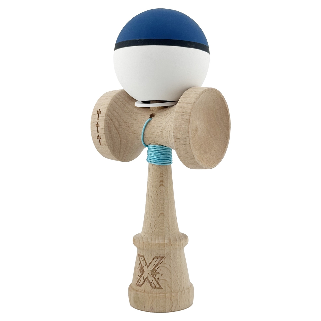 Kendama X Originala, Profesionala, Flippy, Cupe Mari KING SIZE V3, Rubber Grip, Gaura in Baza, Rulment Metalic, din lemn 18 cm, Ata 62/65 cm, S Bicolor Albastru inchis/Alb