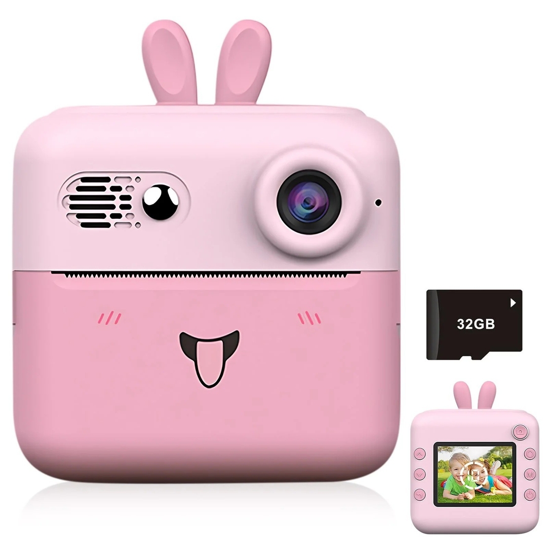Camera Instantanee pentru Copii, Flippy, cu Functie de Printare, Cablu USB-C, Bluetooth, Compatibil iOS/Android, Imprimare APP, Model Iepure, Snur de Agatat Inclus, Roz