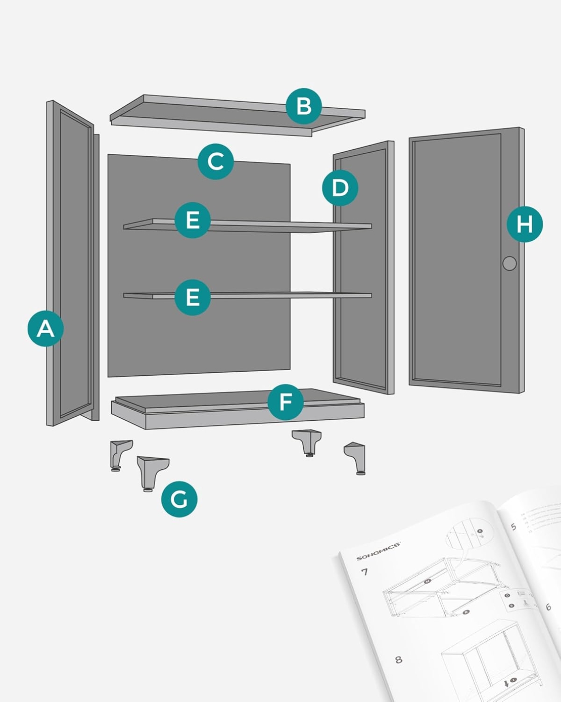SONGMICS Dulap birou metalic cu 2 usi si sistem de inchidere, multifunctional cu rafturi reglabile, 40x80x90 cm, gri