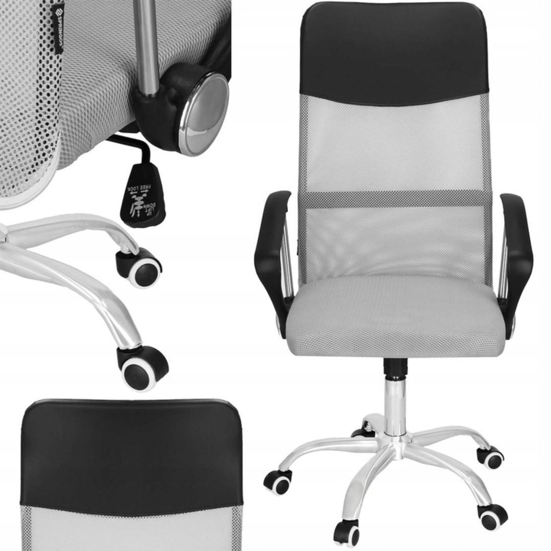 Scaun de birou ergonomic cu reglaj pe inaltime, material tip mesh si ecopiele, 58x60x117 cm, gri