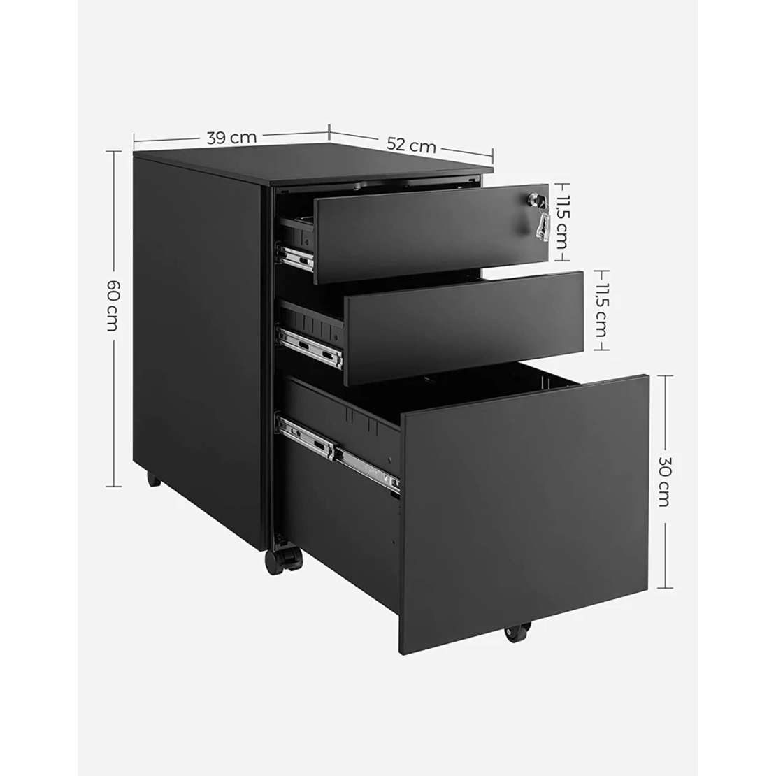 SONGMICS Dulap mobil tip rollbox pentru birouri, din otel, sertar cu sina dosare A4, 39x52x60 cm, negru