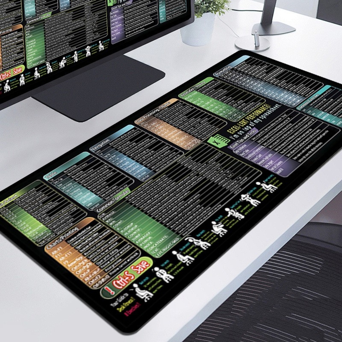 Mousepad cu Suport Tastatura, Flippy, Covoras pentru Masa de Birou cu Formule si Scurtaturi pentru Excel, Rezistent la Zgirieturi si Antiderapant 90 x 40 cm, Model 1 Negru