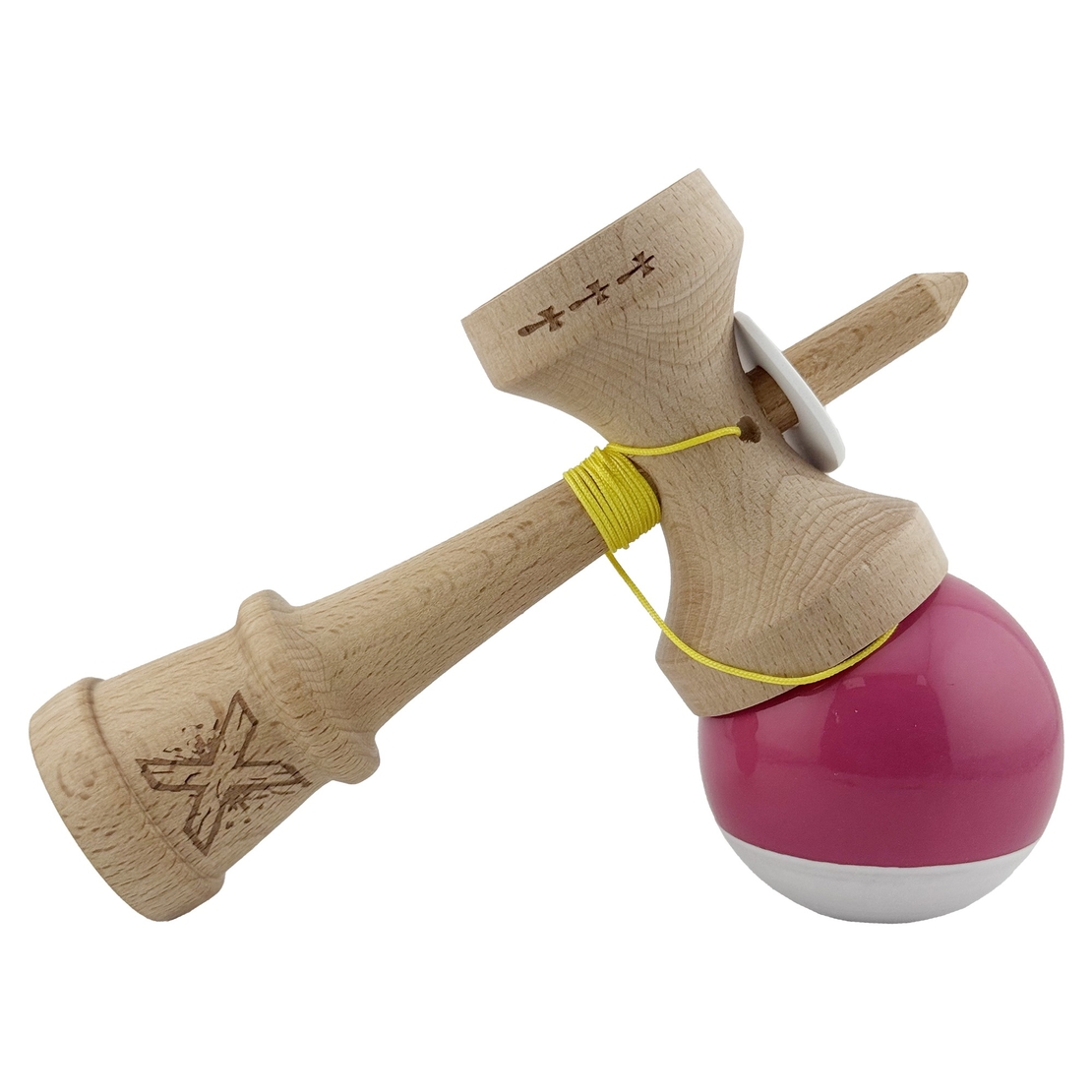 Kendama X Originala, Profesionala, Flippy, Super Sticky cu Cupe Mari KING SIZE V3, Gaura in Baza, Rulment Metalic, din lemn 18 cm, Ata 62/65 cm, Bicolor Roz inchis/Alb