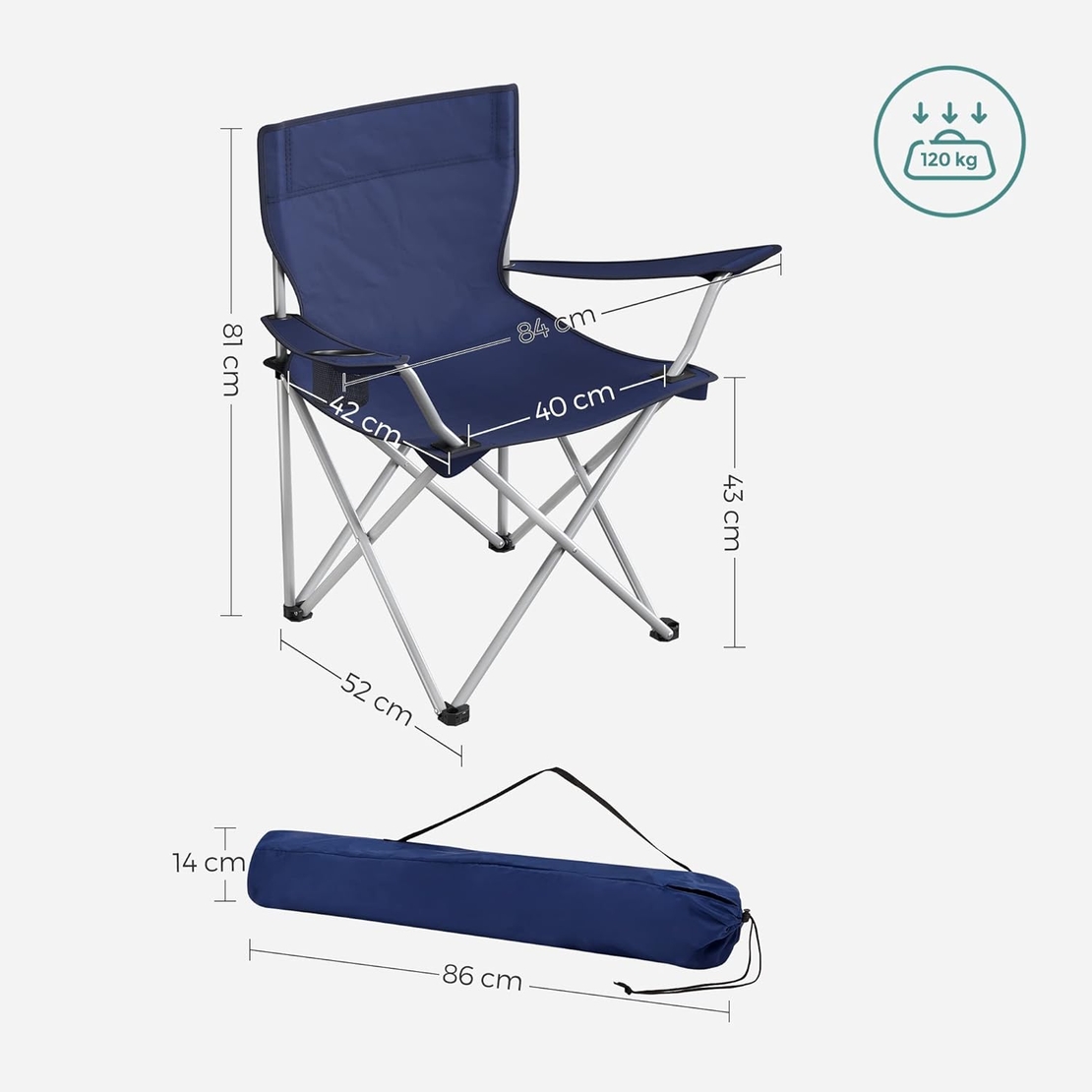 SONGMICS Set 2 scaune pliabile camping cu suport bauturi, husa transport, 52x84x81 cm, 120 kg, albastru