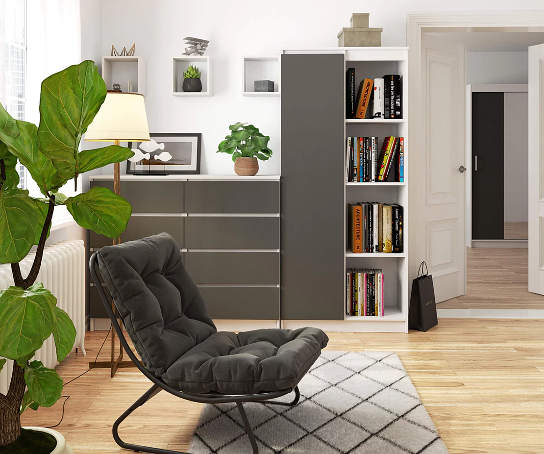Dulap cu usa si 8 etajere, PAL laminat 16 mm, 80x35x180 cm, alb si gri