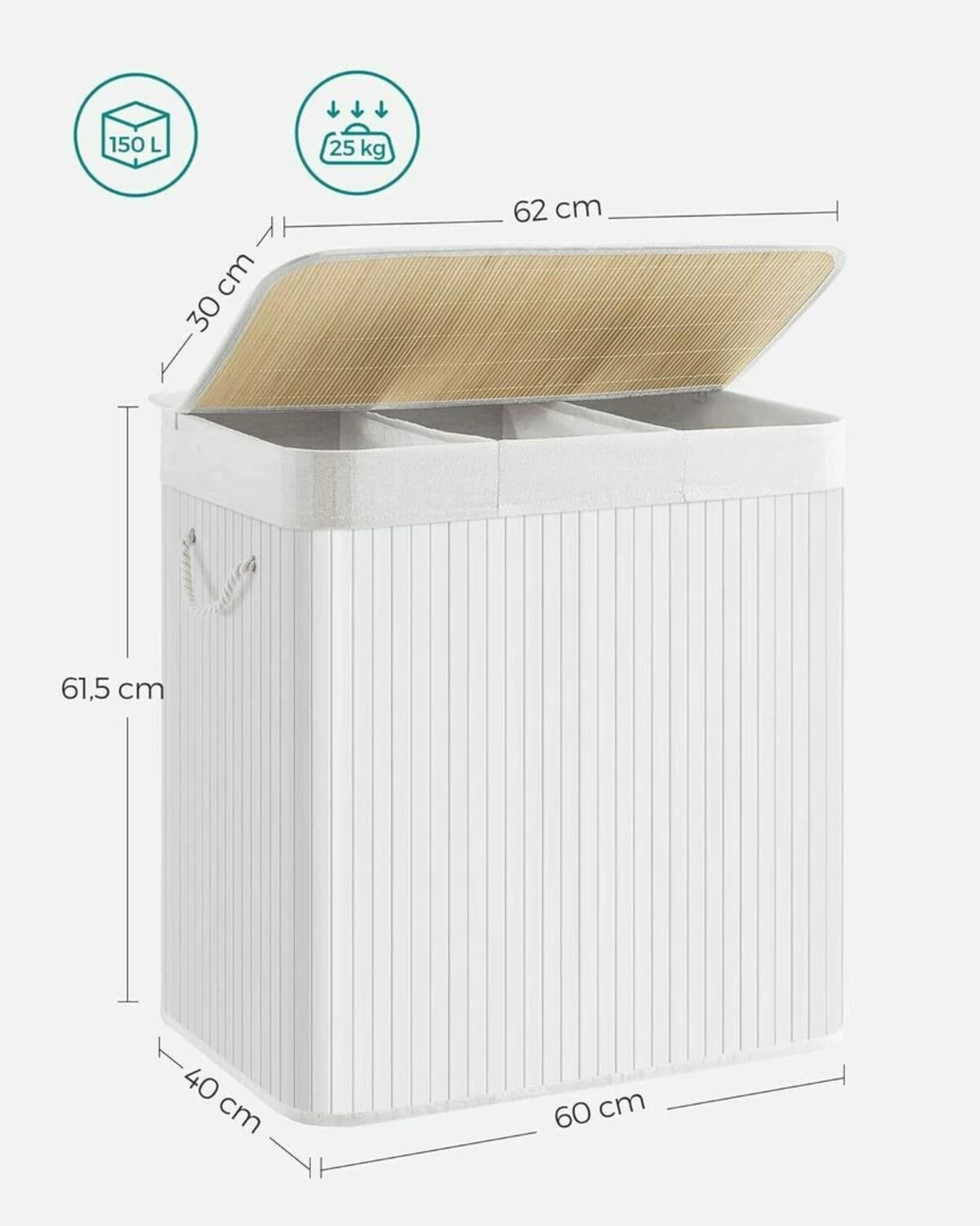 SONGMICS Cos de rufe din bambus, pliabil, cu captuseala detasabila lavabila, 3 compartimente, 150L, 60x40x62cm, alb