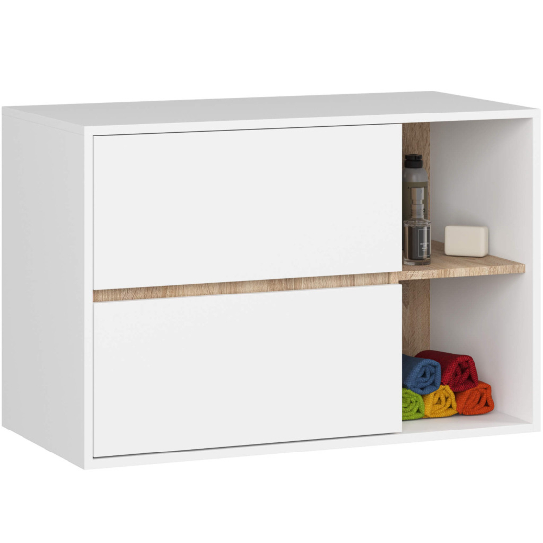 Etajera de baie suspendata, cu 2 sertare, PAL 16 mm, 90x46x60 cm, alb si stejar sonoma