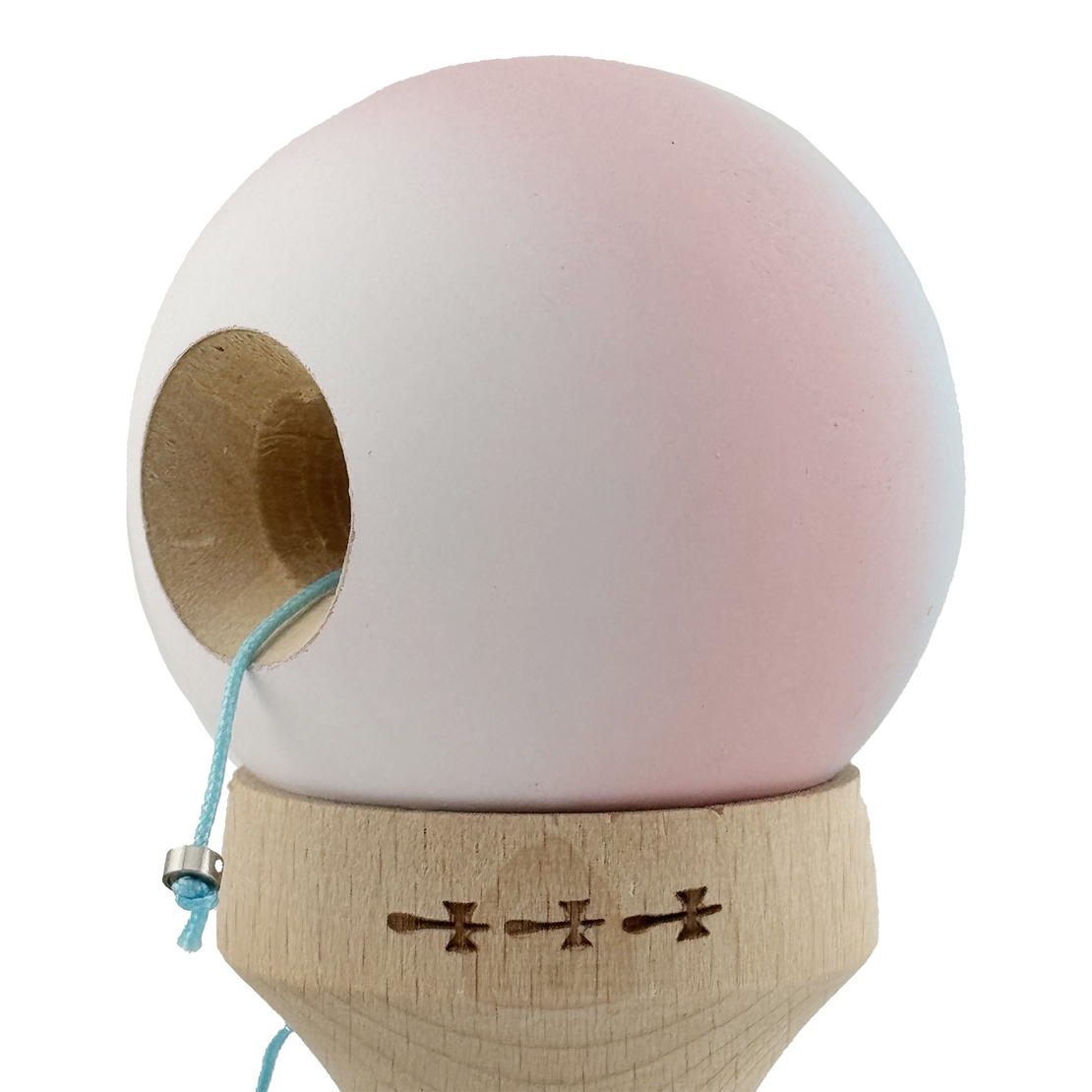 Kendama X Originala, Profesionala, Flippy, Cupe Mari KING SIZE V3, Rubber Grip, Gaura in Baza, Rulment Metalic, din lemn 18 cm, Ata 62/65 cm, Gradient Albastru deschis/Roz/Alb