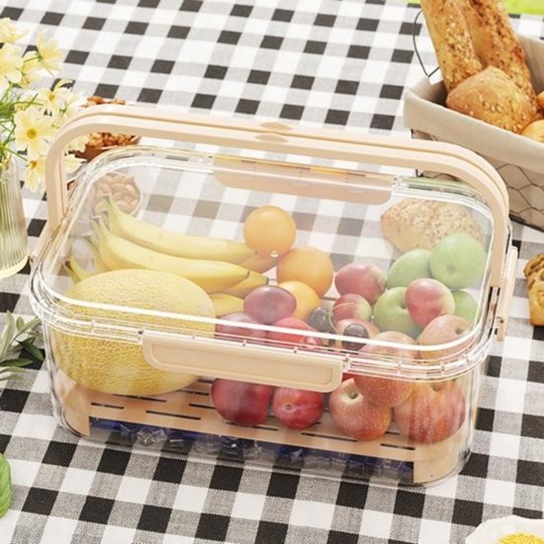 Cutie de Depozitare Portabila, Flippy, cu Separator pentru Gheata si Scurgere, Mentine Rece, Caserola Pranz, 25x16.5x11.5 cm, Crem/Transparent