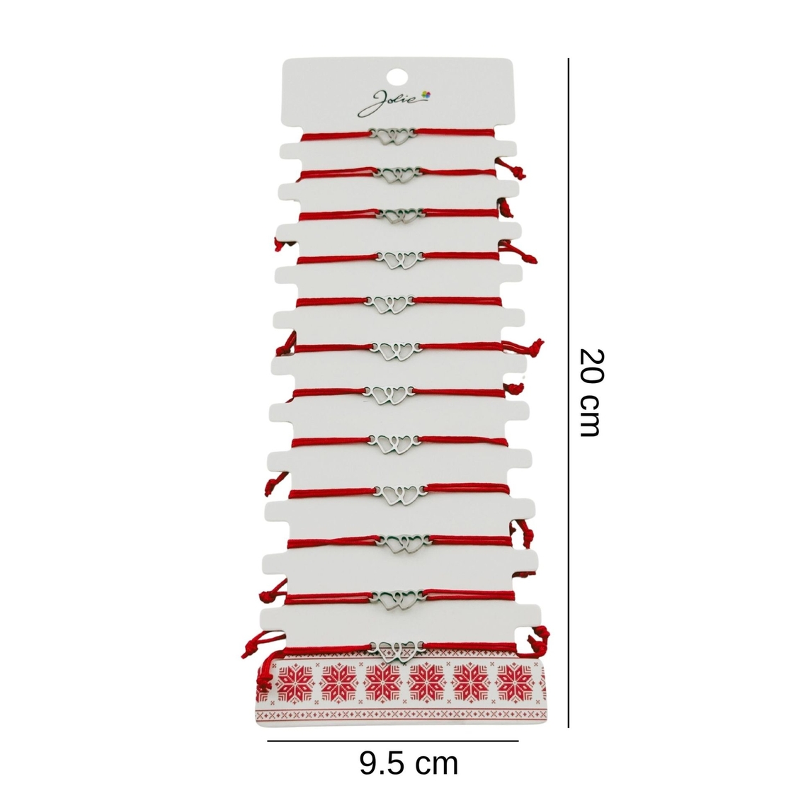 Bratara Martisor pentru Dama, Jolie, Model Doua Inimi, Set 12 bucati, Pandativ Argintiu din Inox cu Snur Rosu Ajustabil
