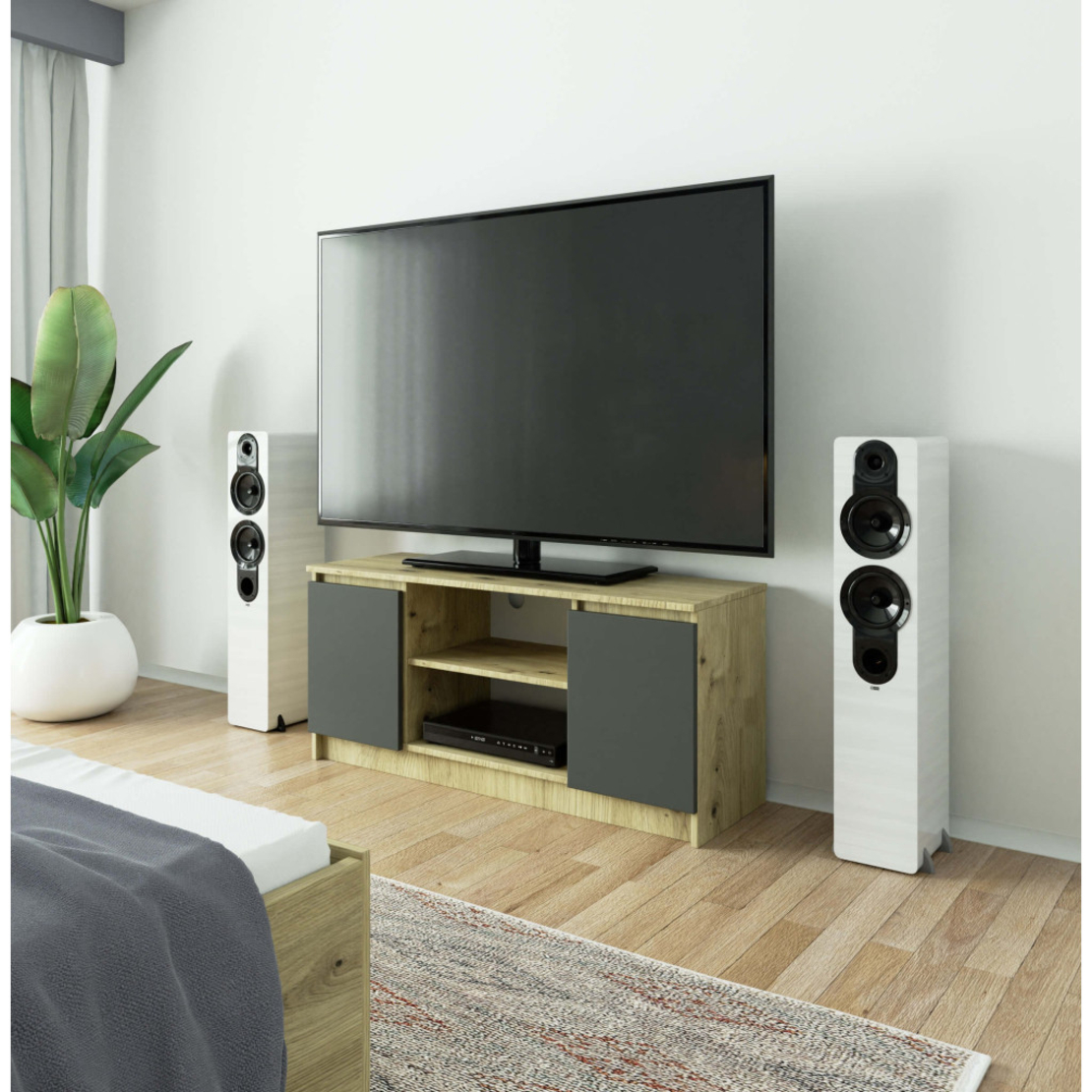 Comoda TV cu 2 usi si o polita, PAL laminat 16 mm, 120x40x55 cm, stejar artisan si gri