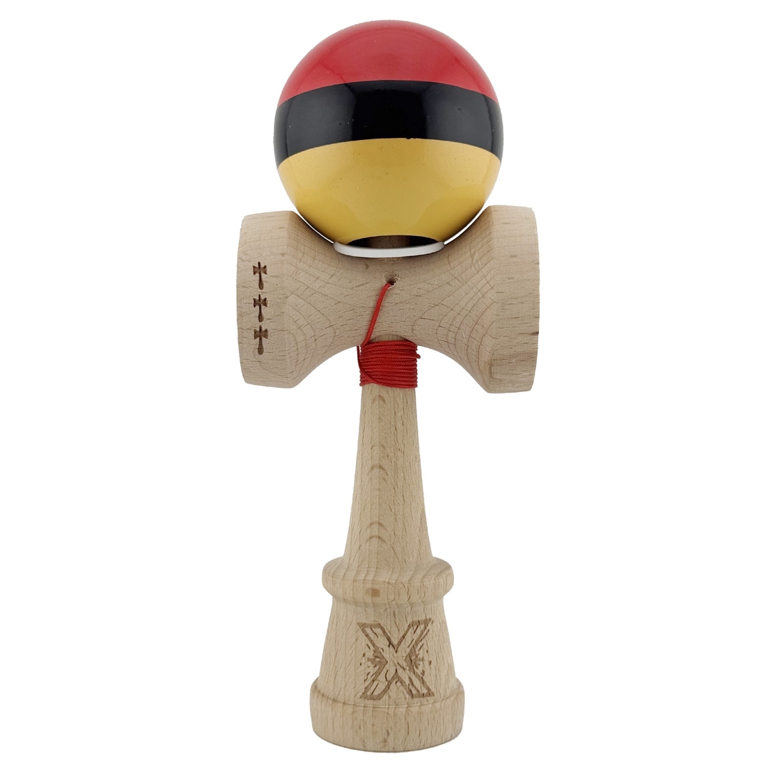 Kendama X Originala, Profesionala, Flippy, Super Sticky cu Cupe Mari KING SIZE V3, Gaura in Baza, Rulment Metalic, din lemn 18 cm, Ata 62/65 cm, Rosu/Negru/Galben