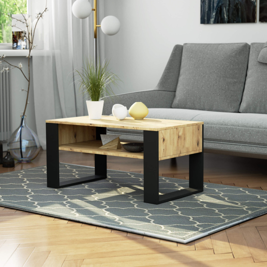 Masuta de cafea Domi cu raft inferior, blat laminat, 92x50x45 cm, stejar artisan si negru