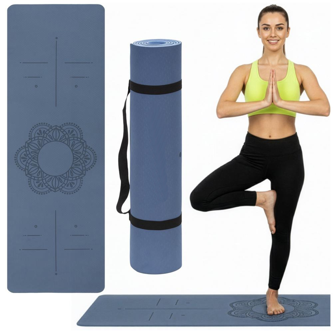 Saltea yoga antiderapanta din TPE, 183x61x0.6 cm, cu curea transport, albastru