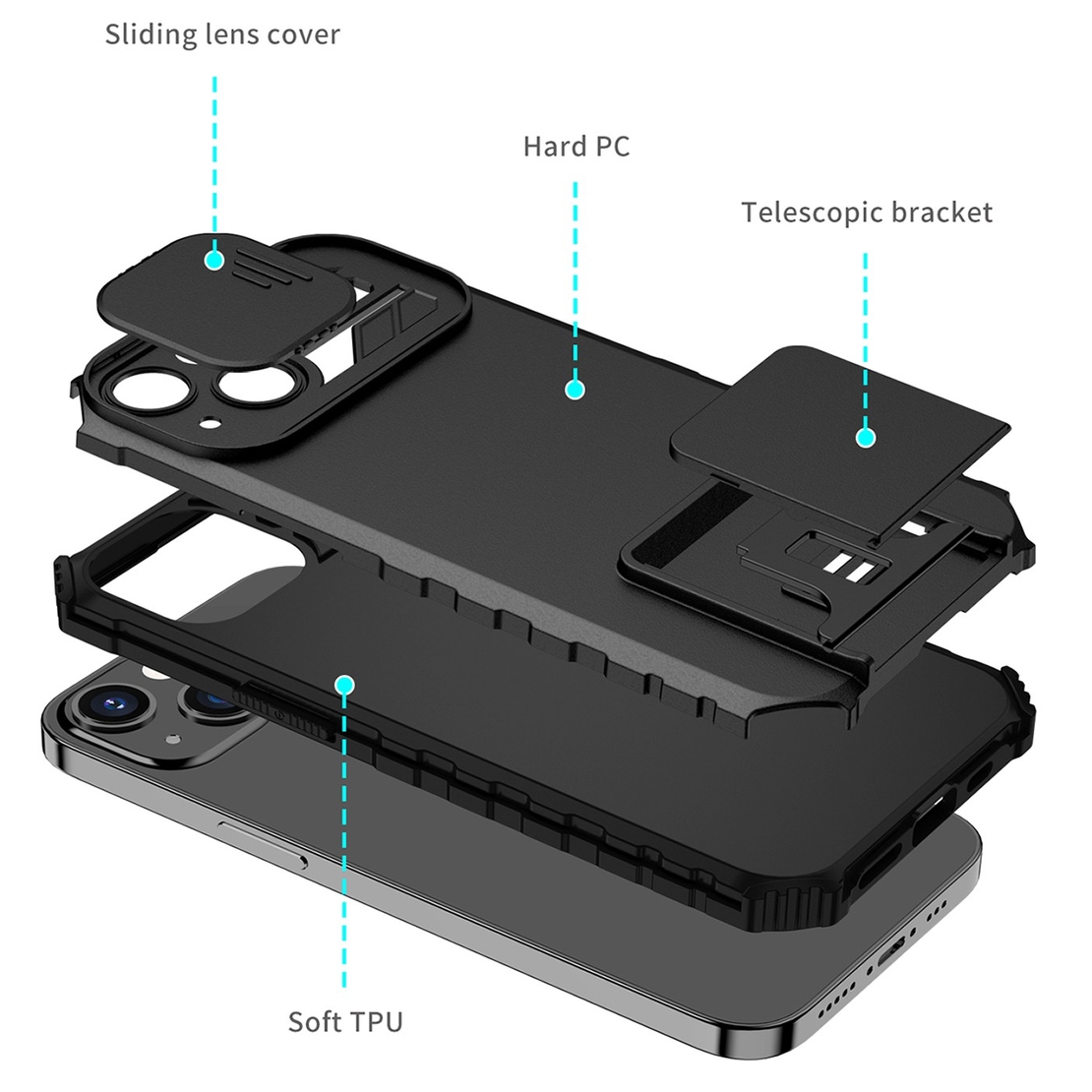 Husa Defender cu Stand pentru iPhone 13 Pro, Negru, Suport reglabil, Antisoc, Protectie glisanta pentru camera, Vafy