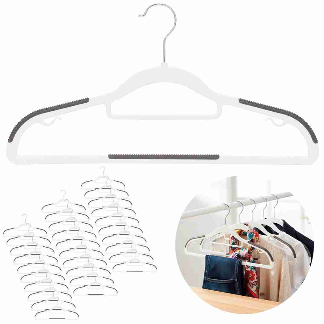 Set de 30 de umerase antiderapante pentru haine, din PE, cu carlig metalic rotativ, 41 cm, alb si gri