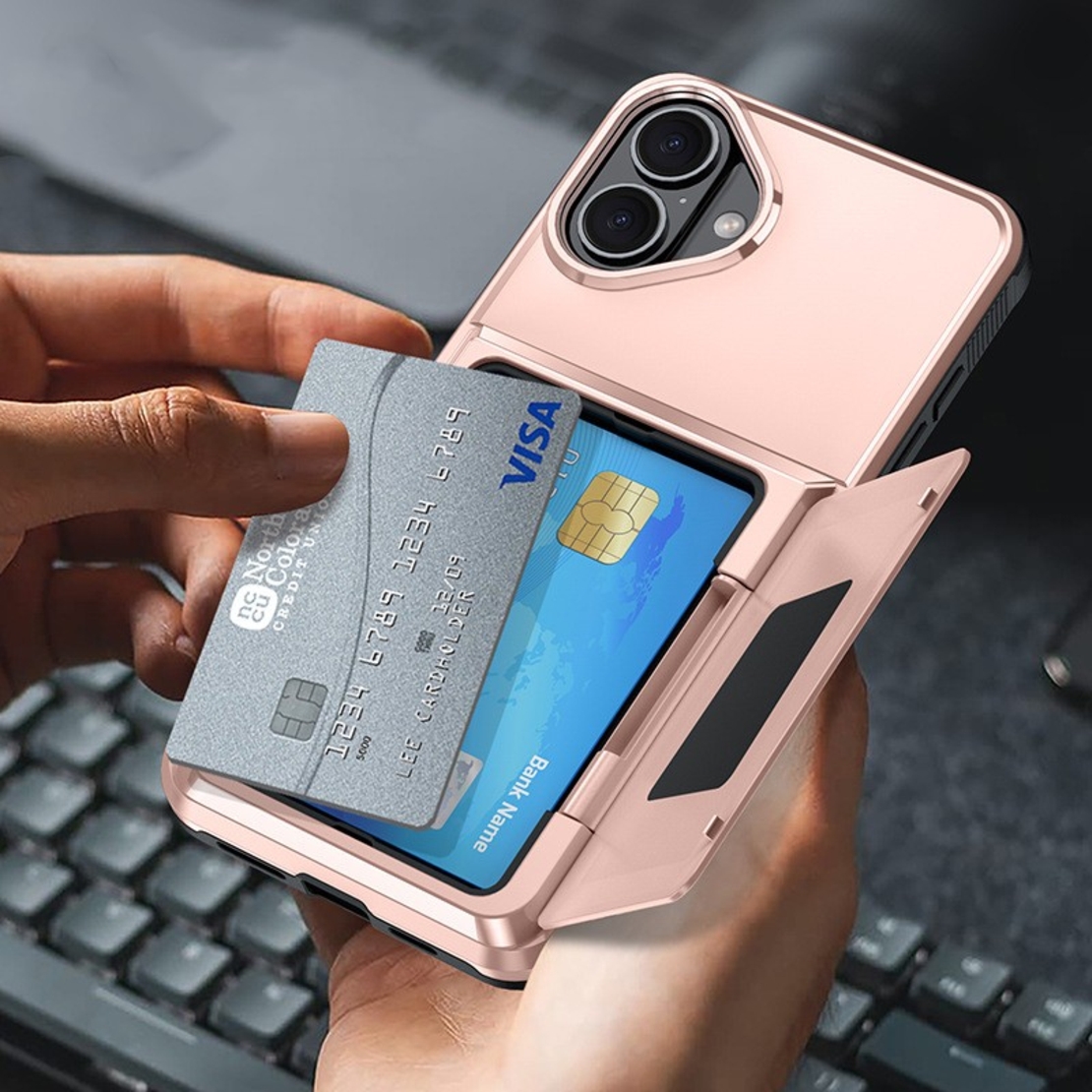 Husa de Protectie compatibila Apple iPhone 17, Vafy, Compartiment pentru Carduri, Anti-alunecare, Protectie PC, Rezistenta la Zgirieturi, Rose Gold
