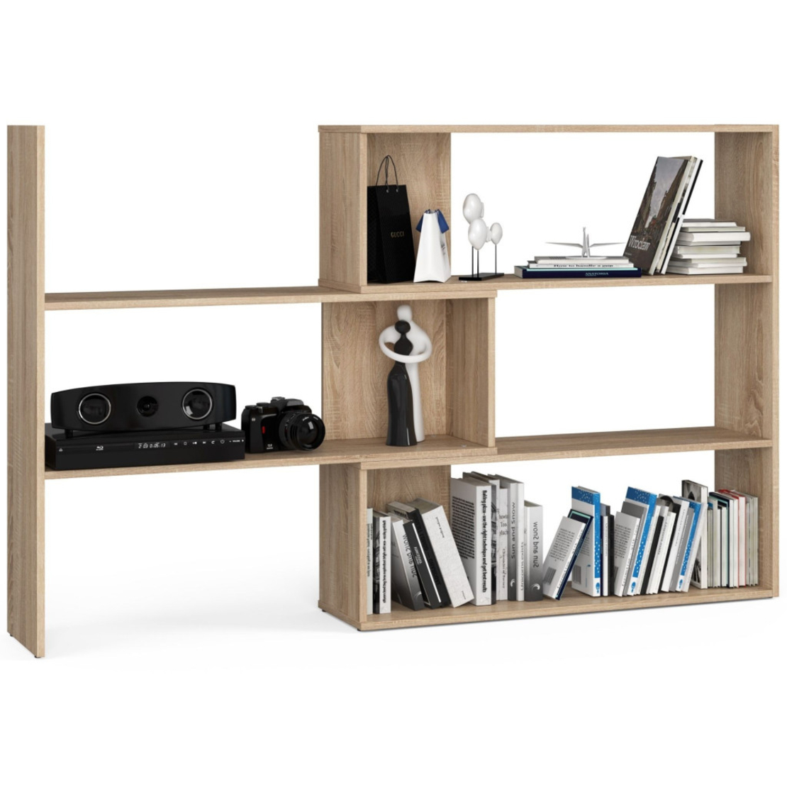 Etajera de colt pentru carti si decoratiuni, cu 3 rafturi, PAL laminat 16 mm, 174x30x109 cm, stejar sonoma