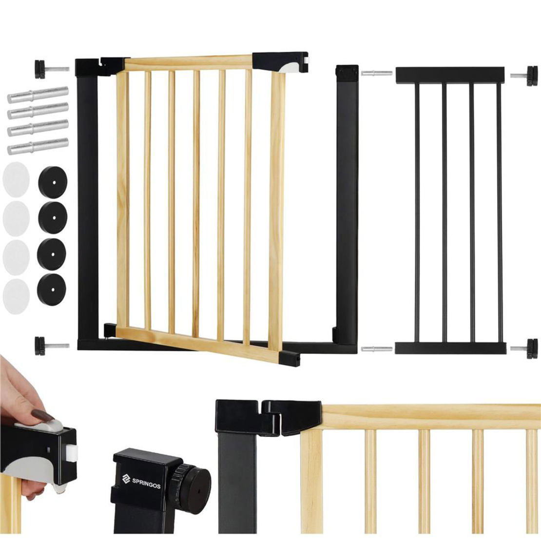 Poarta de siguranta Safety Gate pentru scari, ajustabila, din lemn cu structura otel, 103-110cm, negru maro