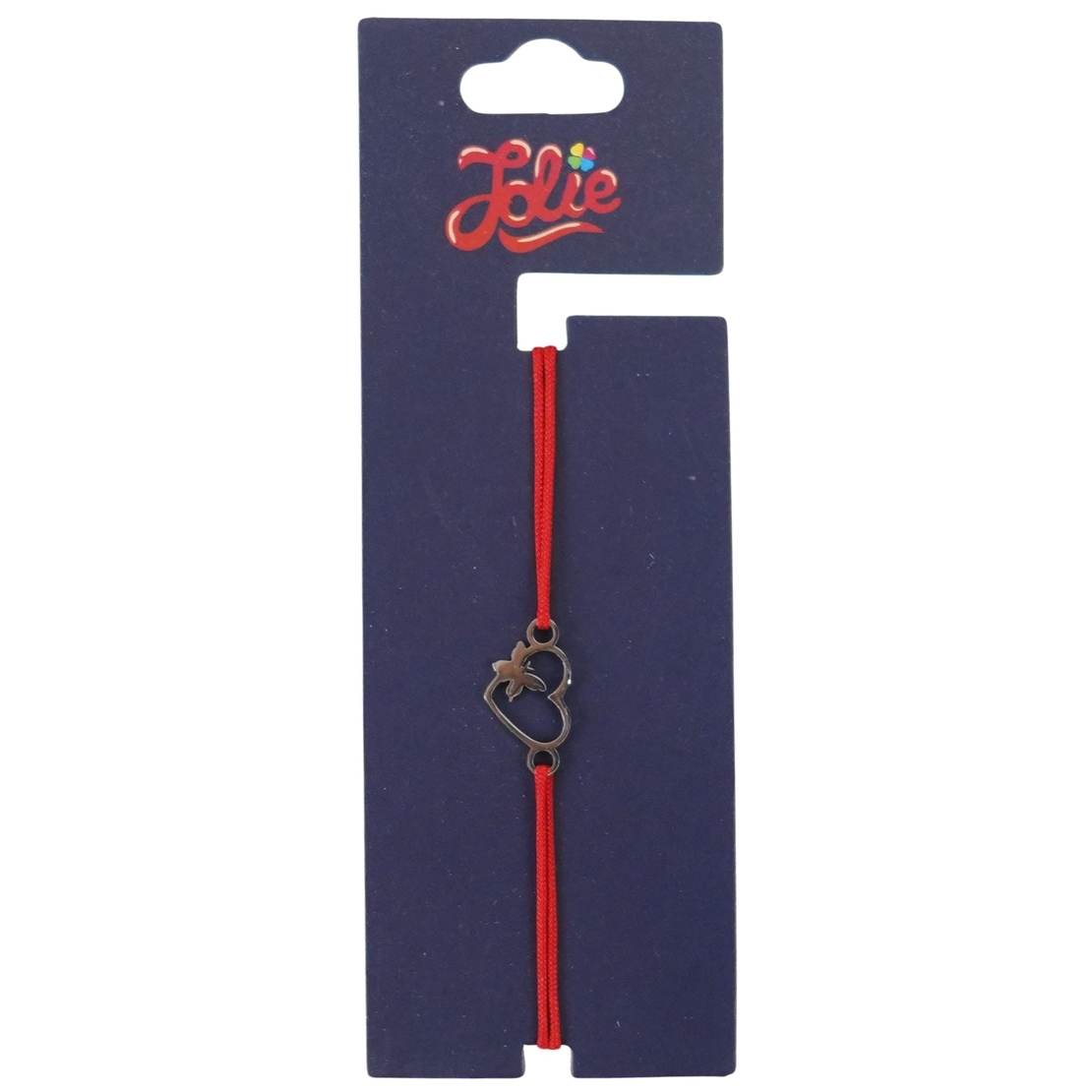 Martisor Bratara din Inox pentru Copii, Jolie, Textil si Inox, Snur Rosu, Model Inima Fluture, Argintiu