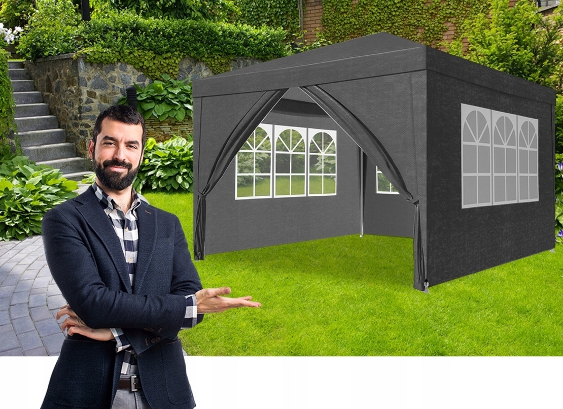 Pereti laterali pavilion 295x195 cm, set 4 bucati, cu ferestre si usa, PE impermeabil, gri