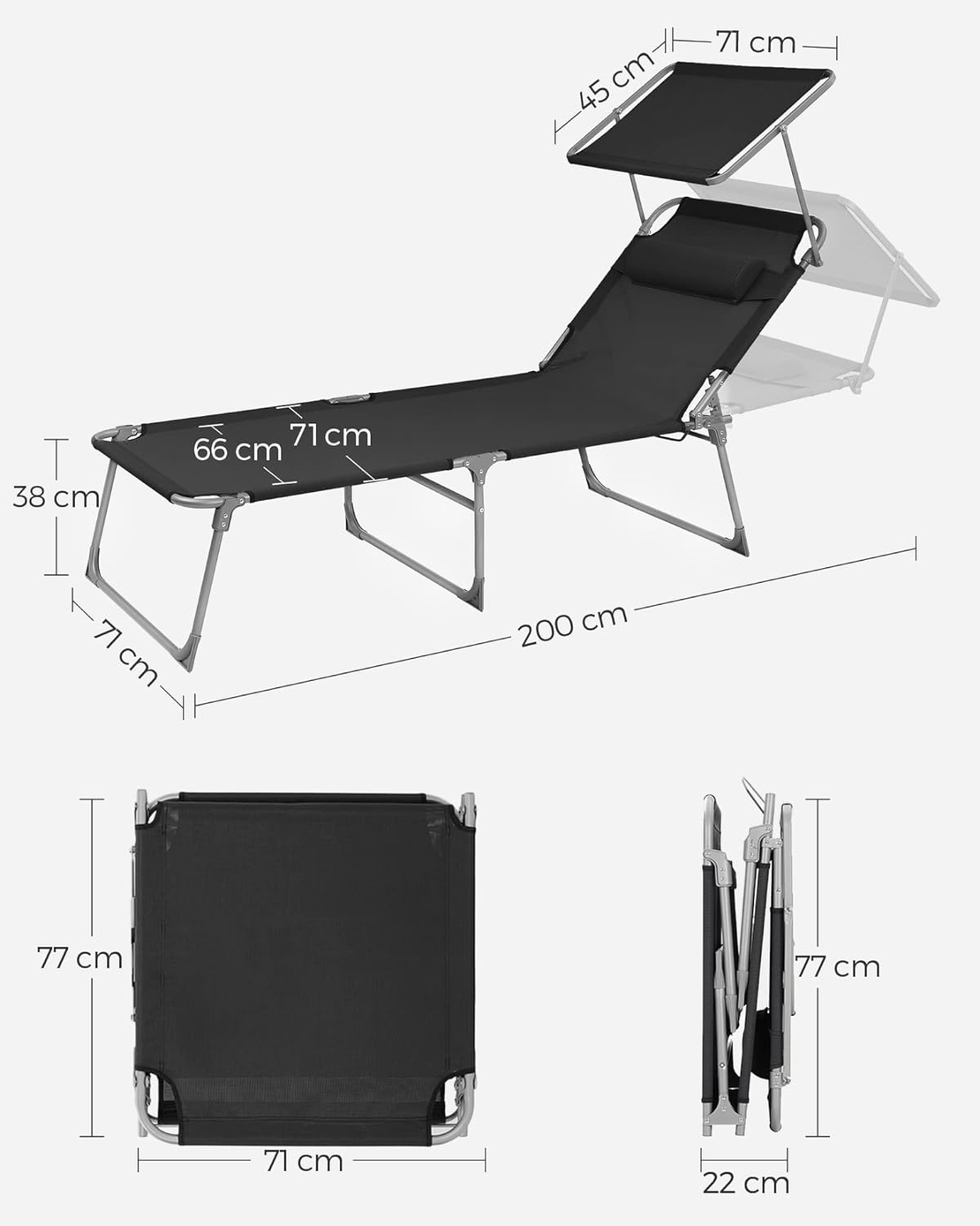 SONGMICS Sezlong pliabil, cu parasolar si tetiera, spatar reglabil in 4 pozitii, maxim 150kg, 200x71x38cm, negru