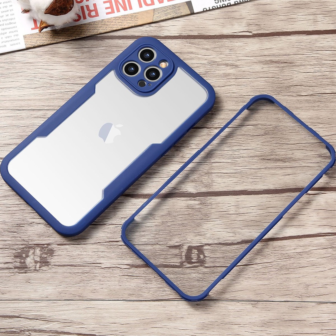 Husa Max Defence pentru iPhone 13 Pro Max, Bumper Albastru, Fata Dubla Transparenta, Protectie Antisoc Full 360 ( fata, spate, margini ), Vafy