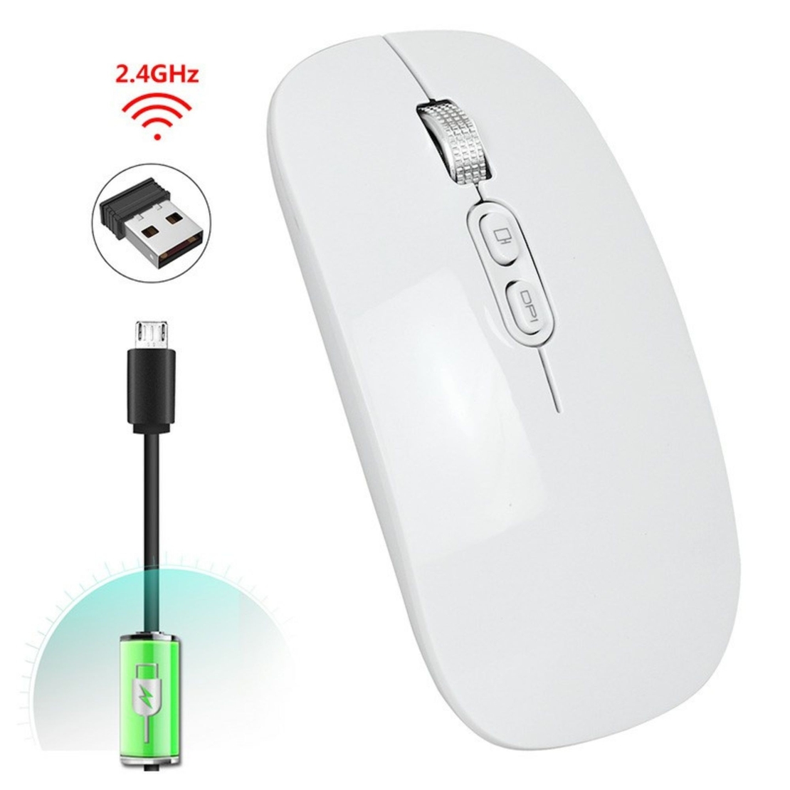 Mouse Wireless Reincarcabil, Vafy, Compatibil Windows/macOS, Bluetooth 5.1 + 2.4GHz, Silentios, DPI 800/1200/1600, Alb