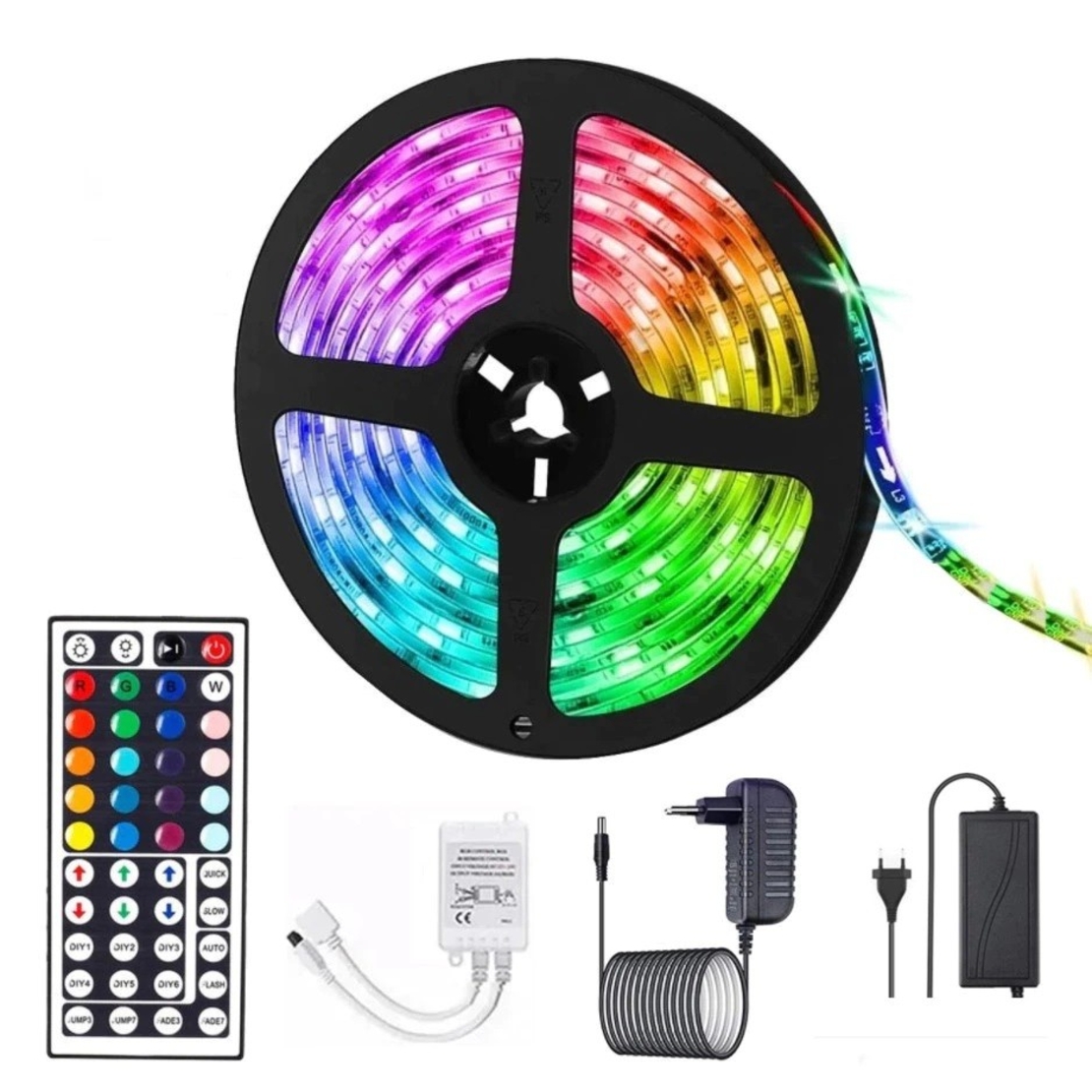 Kit Banda Led RGB SMD 5050 cu Transformator inclus Vafy - Lungime 5 M, 270 LED-uri, Telecomanda 44 taste, pentru TV, PC, Auto, IP65, Lumina Ambientala