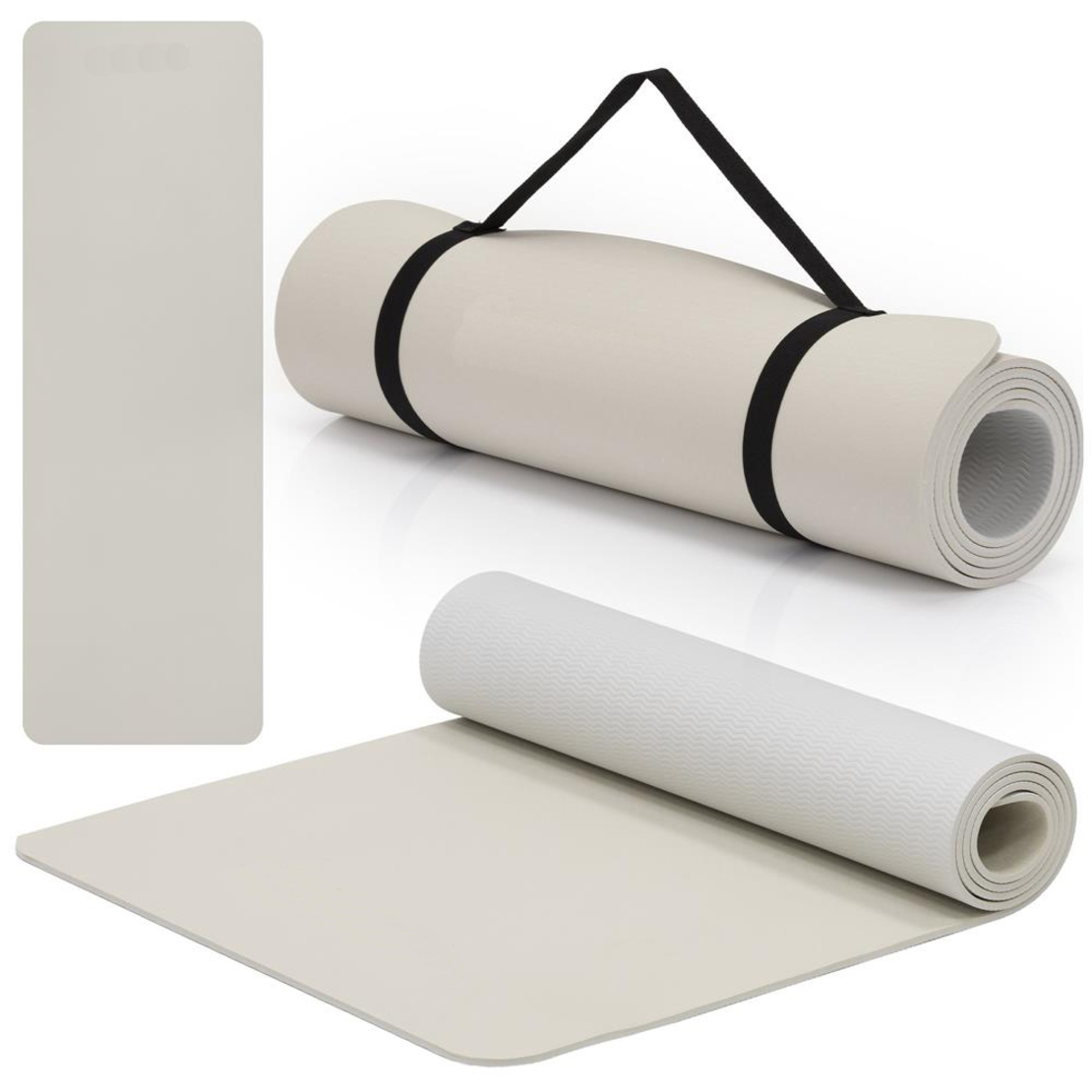 Saltea fitness antiderapanta din TPE, 183x61x1 cm, cu curea transport, bej