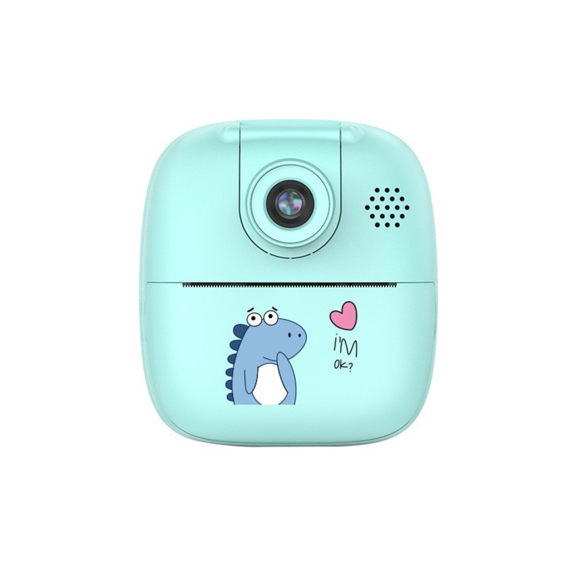 Camera Instantanee pentru Copii, Flippy, Camera Frontala + Selfie, cu Functie de Printare, Cablu USB-C, Bluetooth, Compatibil iOS/Android, Imprimare APP, Model Dino, Albastru