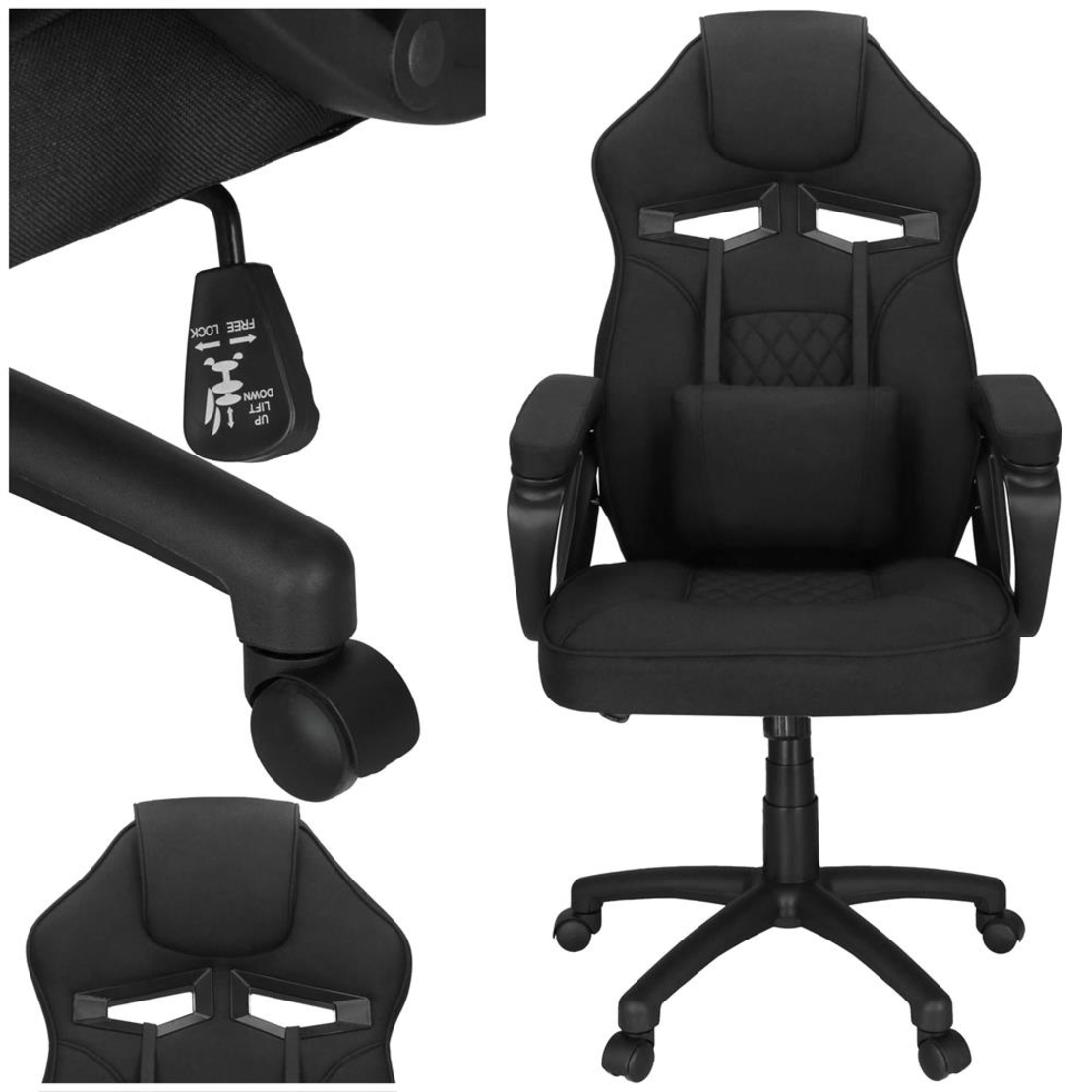 Scaun de birou ergonomic cu reglaj pe inaltime, functie de balans si perna lombara, 59x52x125 cm, negru