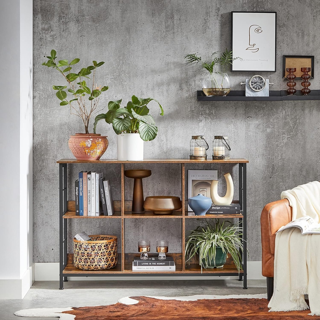 VASAGLE Biblioteca, raft cu 6 unitati de depozitare, din lemn, 33x120x80 cm, maro rustic